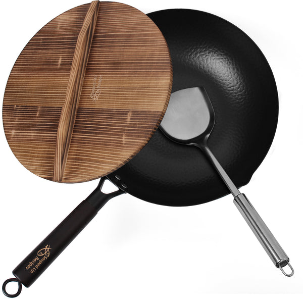 12.5 Inch Carbon Steel Wok For Electric, Induction and Gas Stoves (Lid, Spatula and User Guide Video Included)