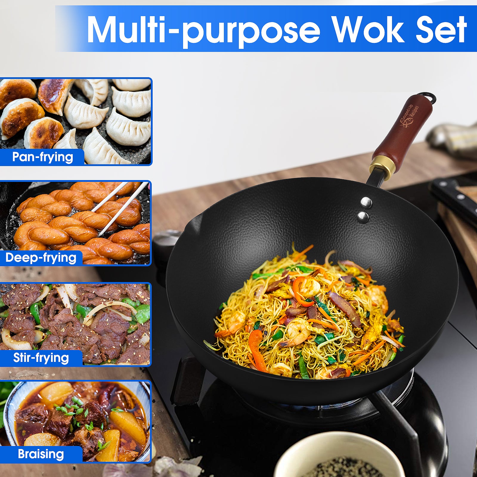Souped Up Recipes 10 Inch Carbon Steel Wok For Electric, Induction and Gas Stoves (Lid and User Guide Video Included)