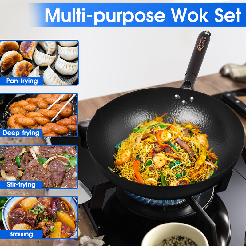 12.5 Inch Carbon Steel Wok For Electric, Induction and Gas Stoves (Lid, Spatula and User Guide Video Included)