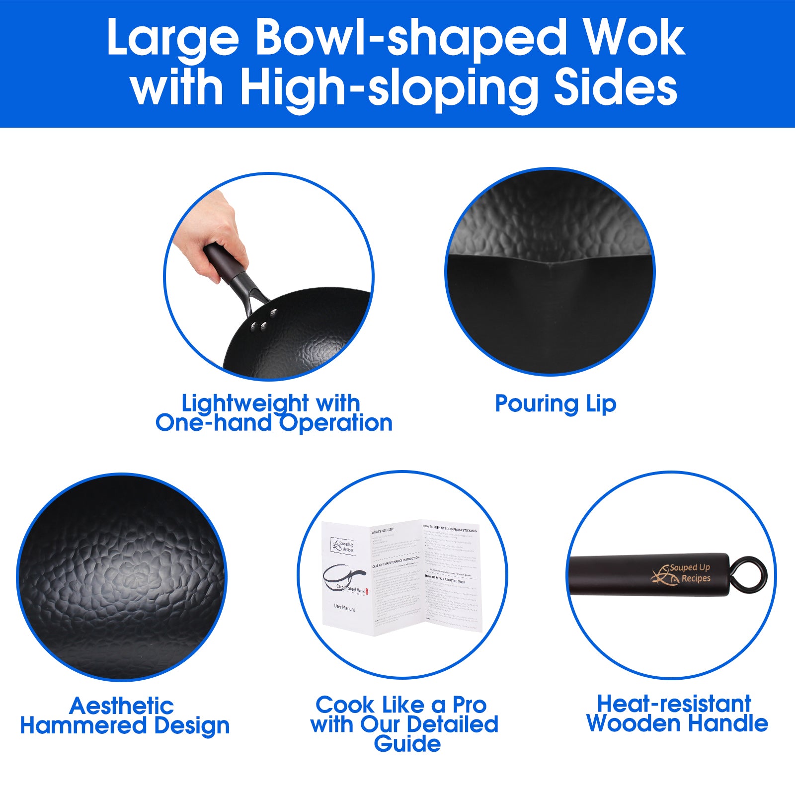 13.4 Inch Carbon Steel Wok For Electric, Induction and Gas Stoves (Lid, Spatula and User Guide Video Included)