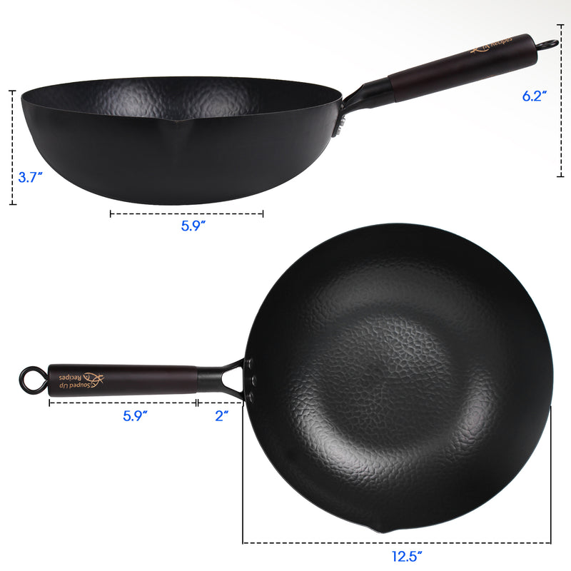 12.5 Inch Carbon Steel Wok For Electric, Induction and Gas Stoves (Lid, Spatula and User Guide Video Included)