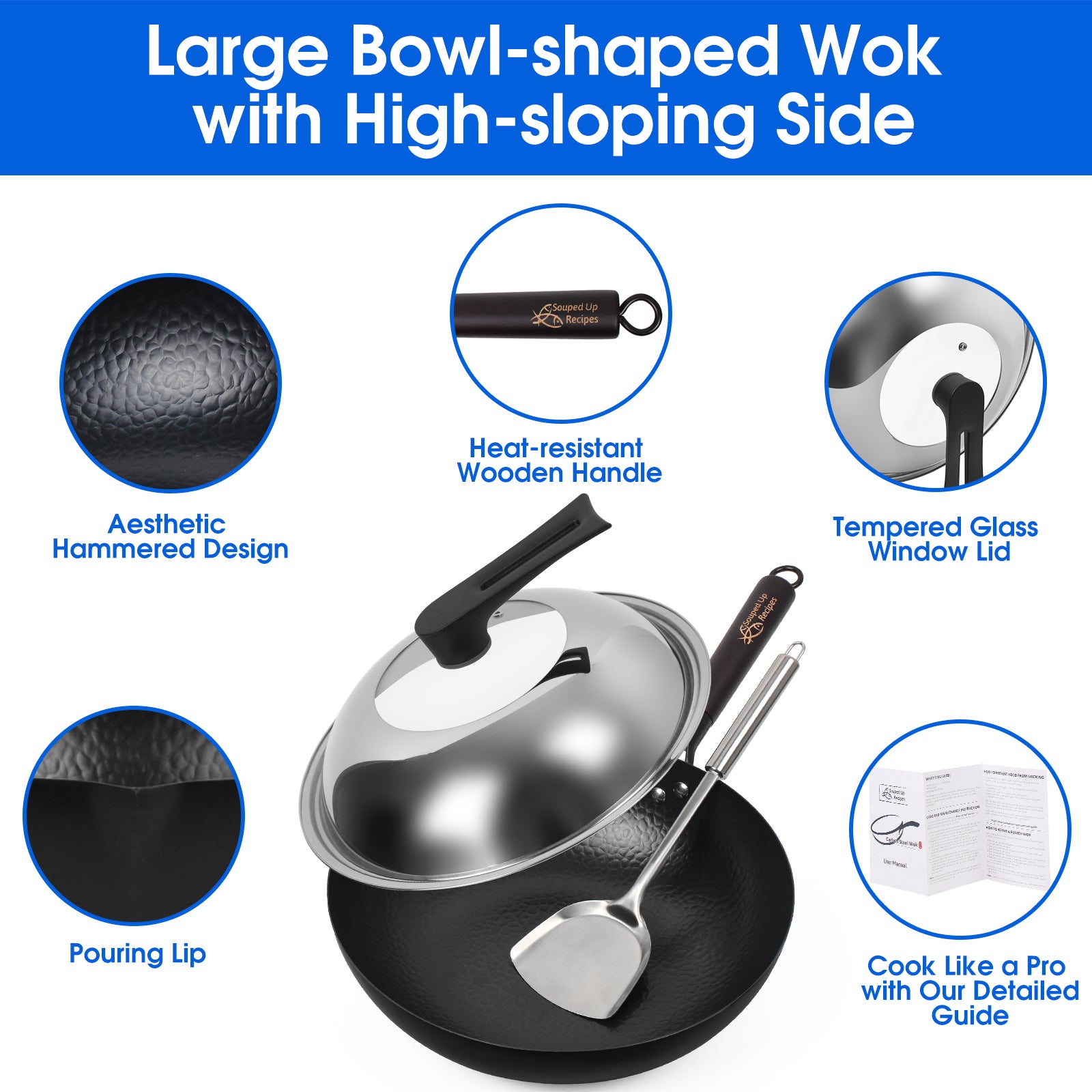 13.4 Inch Carbon Steel Wok For Electric, Induction and Gas Stoves (Lid, Spatula and User Guide Video Included)
