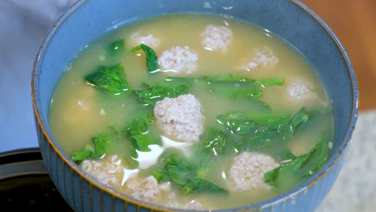 Meatball Soup With Pea Leaves
