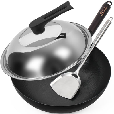 12.5 Inch Carbon Steel Wok For Electric, Induction and Gas Stoves (Lid, Spatula and User Guide Video Included)