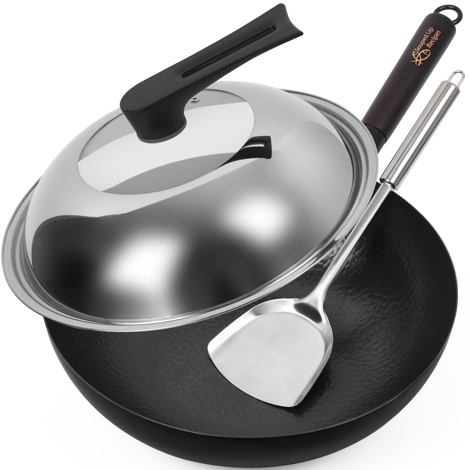 12.5 Inch Carbon Steel Wok For Electric, Induction and Gas Stoves (Lid, Spatula and User Guide Video Included)