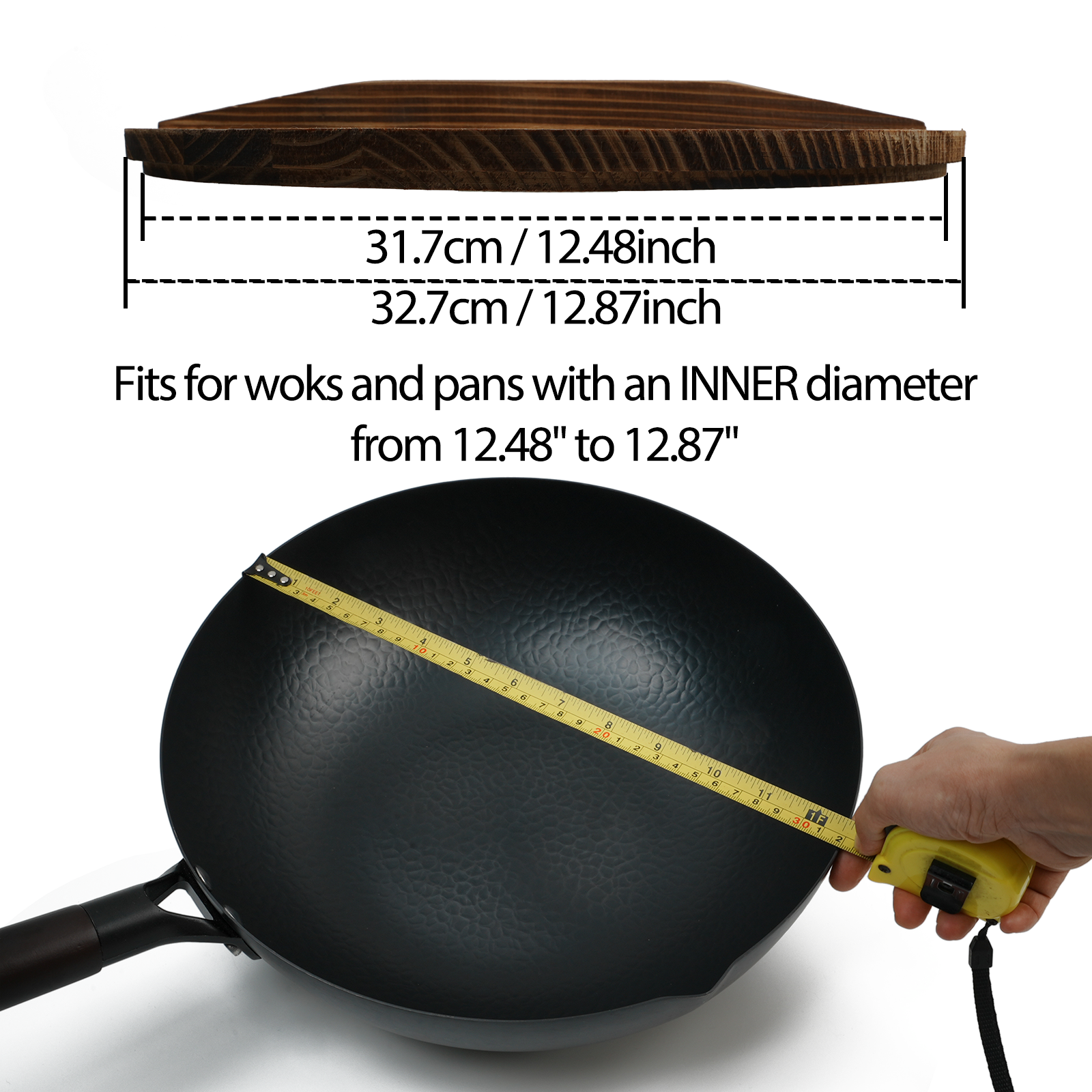 Natural Wooden Wok Pan - Wooden Lid Fits for woks and pans with an inner diameter! from12.48"to12.87"