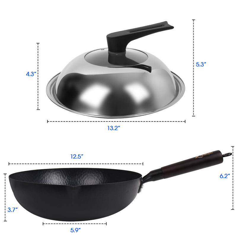 12.5 Inch Carbon Steel Wok For Electric, Induction and Gas Stoves (Lid, Spatula and User Guide Video Included)