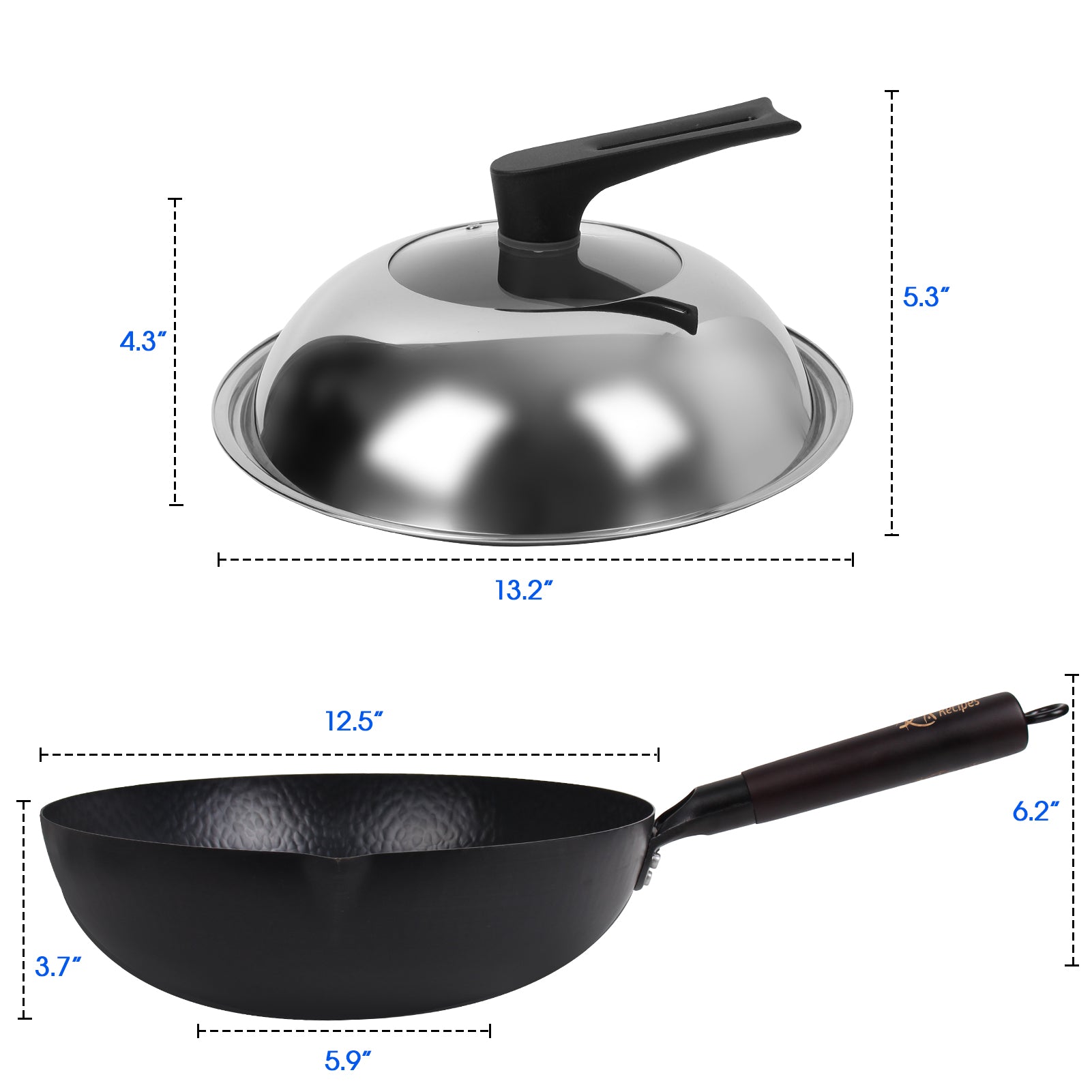 12.5 Inch Carbon Steel Wok For Electric, Induction and Gas Stoves (Lid, Spatula and User Guide Video Included)