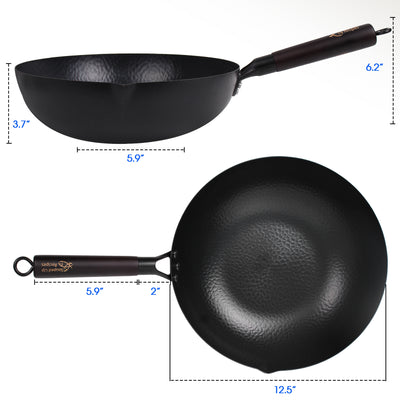 12.5 Inch Carbon Steel Wok For Electric, Induction and Gas Stoves (Lid, Spatula and User Guide Video Included)
