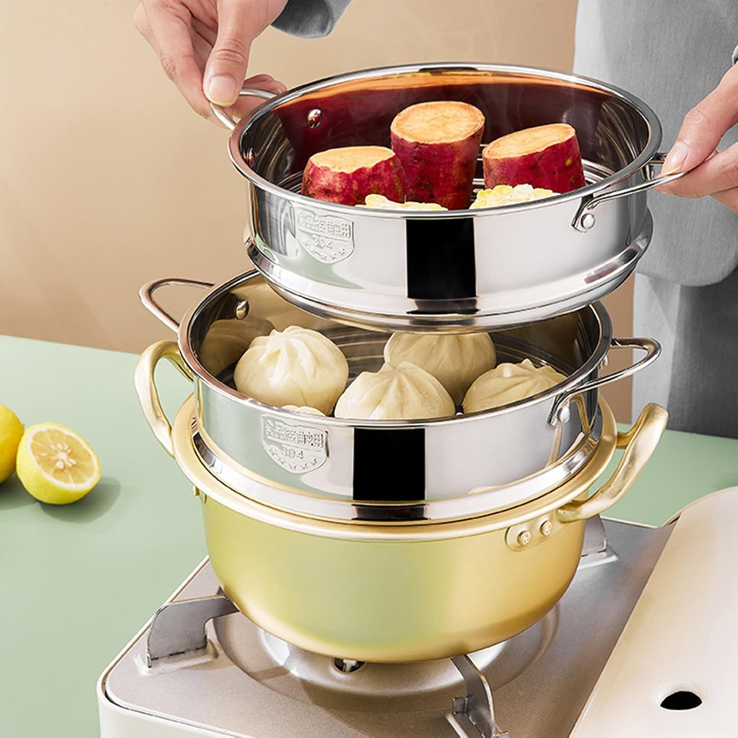 Stainless Steel Steamer Stackable Steamer with Handle, Silver