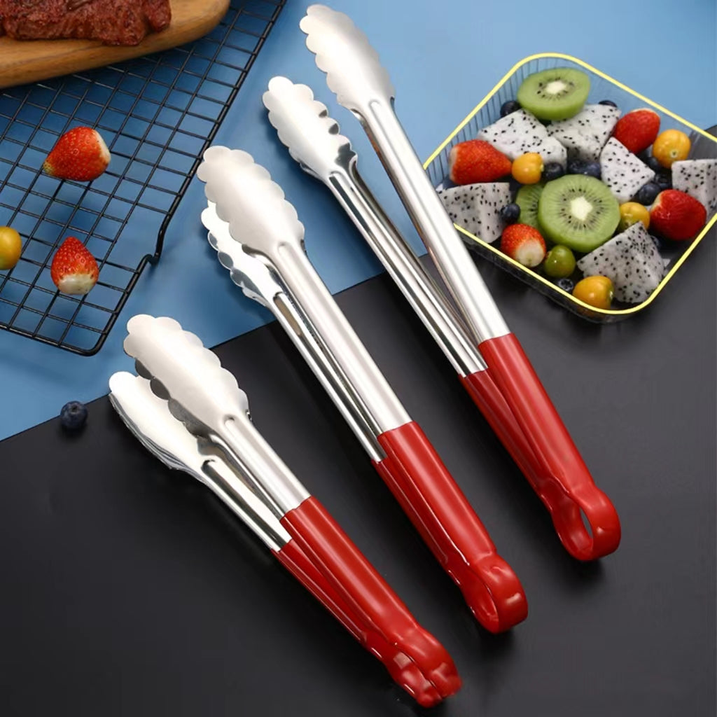 3Pcs Kitchen Food Tongs Stainless Steel + Silicone Non-Stick BBQ Cooking  Tongs