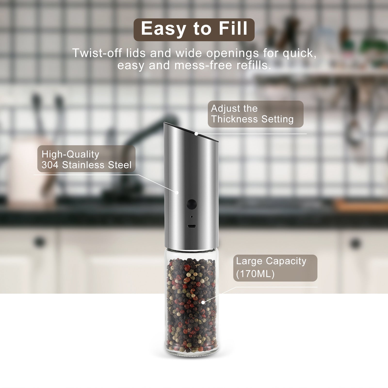 Stainless Steel Electric Pepper Grinder Fully Automatic Black
