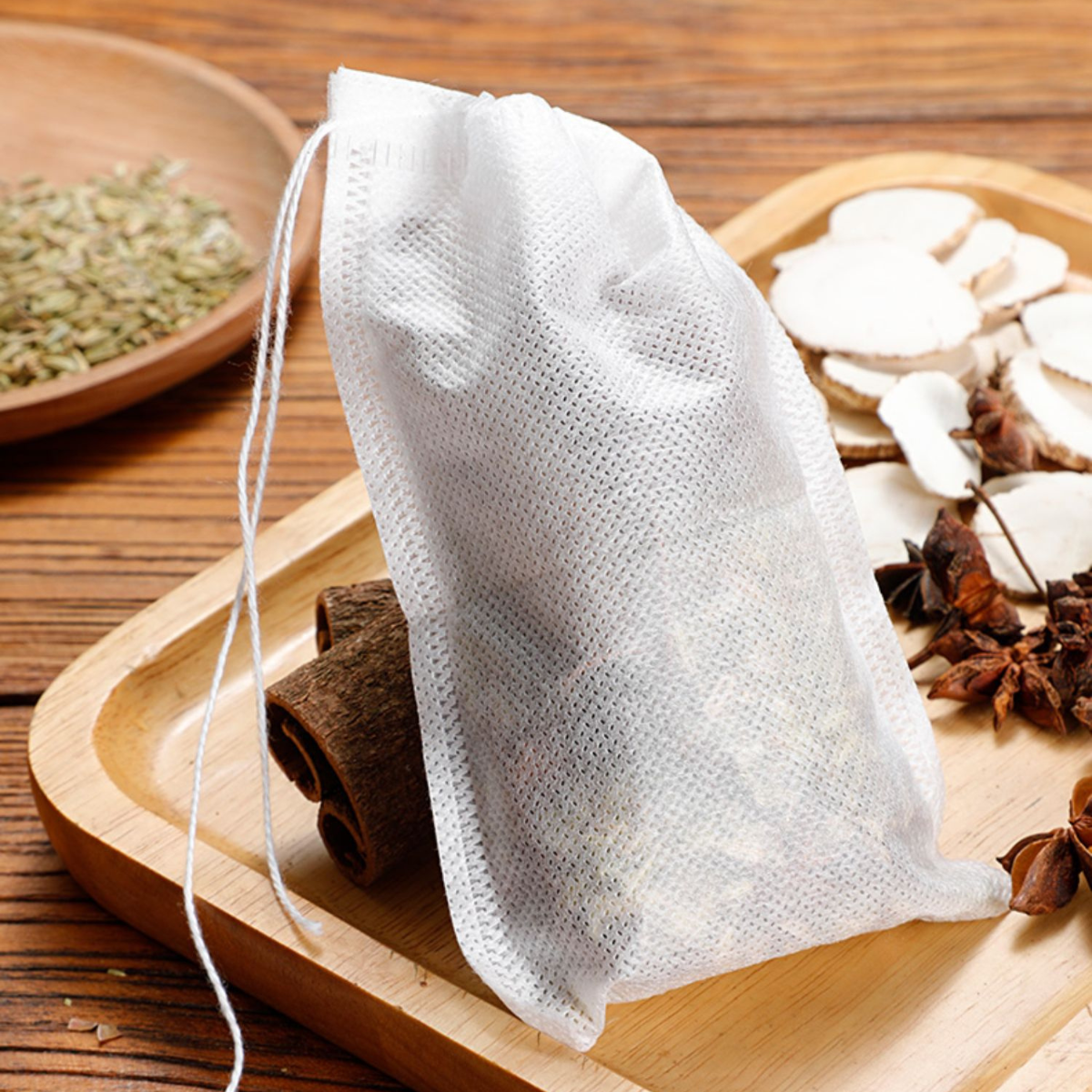 Disposable Drawstring Filter Bags for Spices Herbs Tea Coffee and Cooking 100 Count