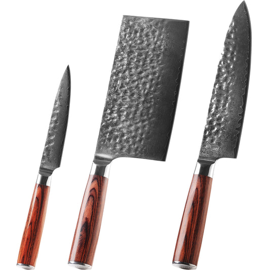 3 Piece Damascus Kitchen Knife Set (Chef's Knife, Cleaver, Paring Knife)